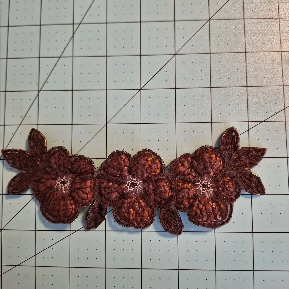 Bronze and clear iridescent sequin and bead triple flower applique set of 2